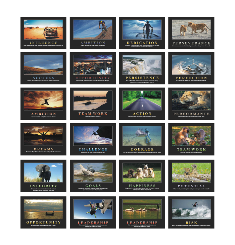 A full grid of Lazer Art & Frame's motivational posters, showing the various designs for "Ambition," "Teamwork," "Action," "Dreams," and more.