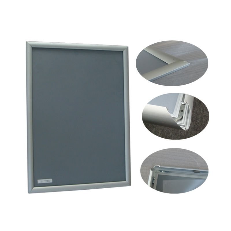 A product photo of a rectangular silver Snap / Clip Style Aluminum Frame with close-ups of the snap-open corners for quick poster changes.