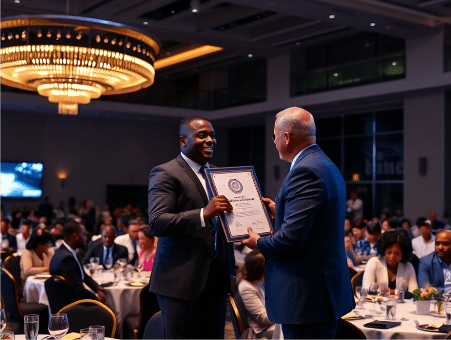 Two men in suits at a gala, one presenting a large framed item to the other, showcasing Custom Corporate Framing and Corporate Framing South Africa services for high-profile awards.
