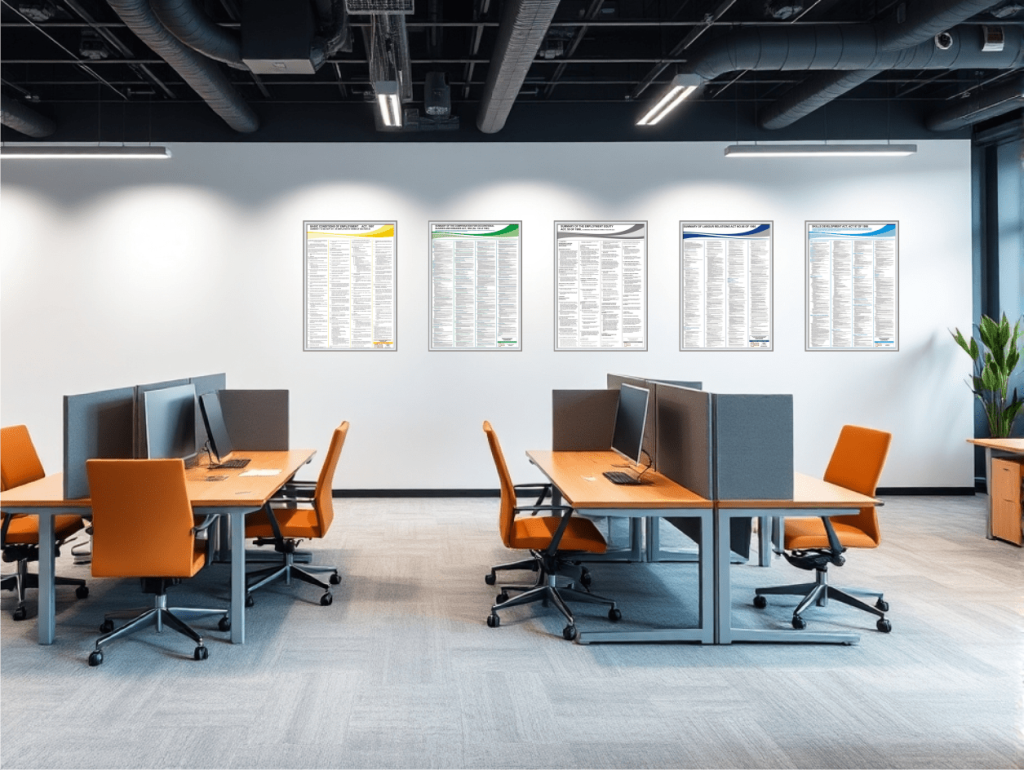 Image of five Labour Law Charts & Posters mounted on a clean office wall, providing a visual example of Lazer Art & Frame's compliance products in a modern workplace setting.