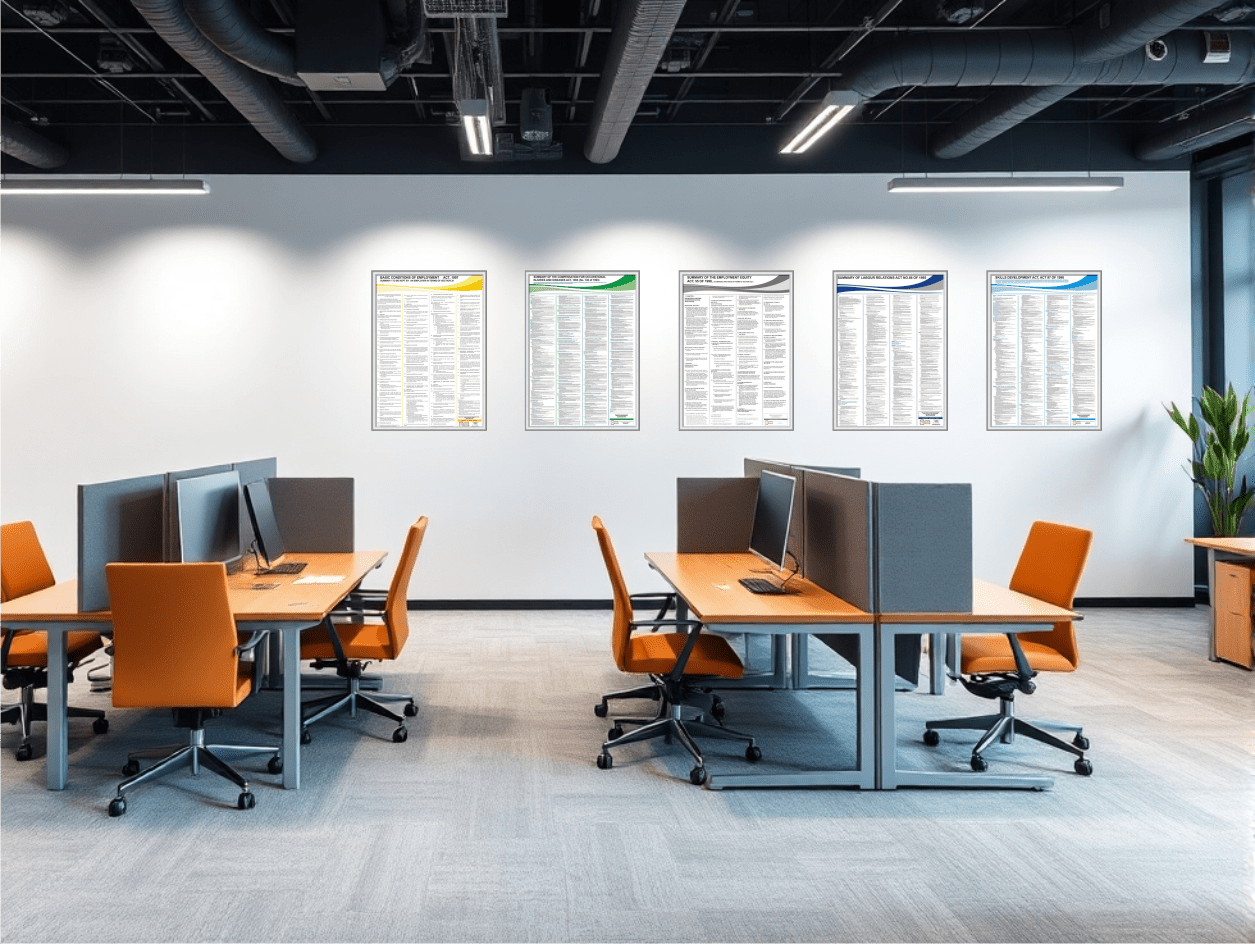 Image of five Labour Law Charts & Posters mounted on a clean office wall, providing a visual example of Lazer Art & Frame's compliance products in a modern workplace setting.