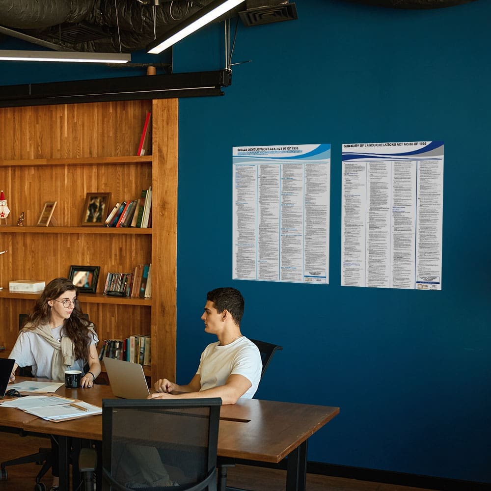 Lazer Art & Frame's "Skills Development Act" and "Summary of Labour Relations Act" posters displayed on a dark blue wall in a professional office setting.