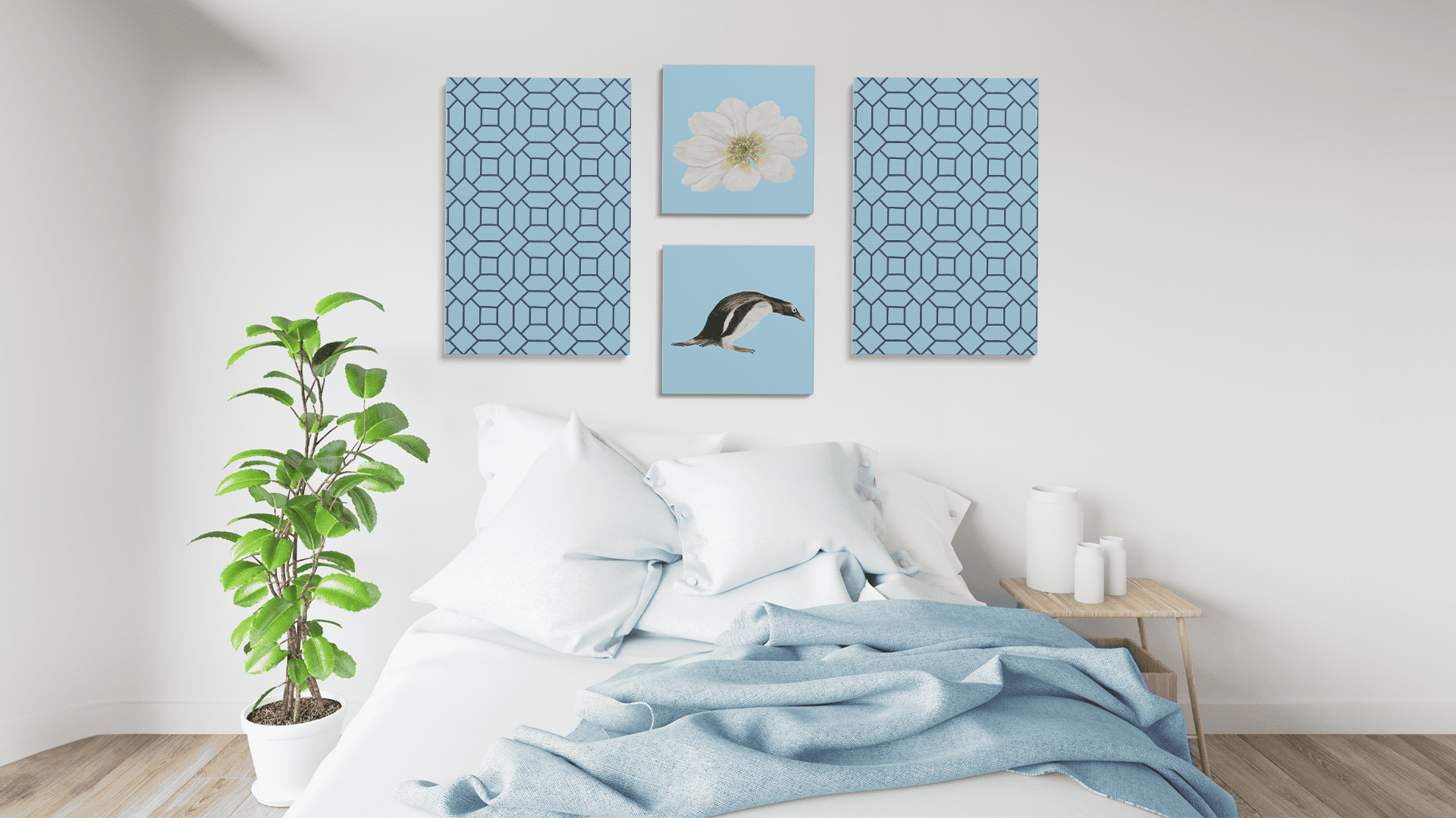 Penguin & Florals Quad Canvas Print Set with floral and penguin artwork above bed
